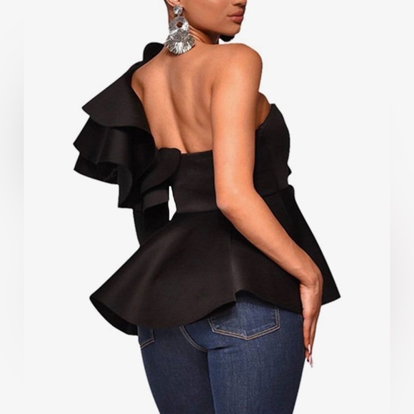 Black One-Shoulder Ruffle Top - Picture 2 of 5